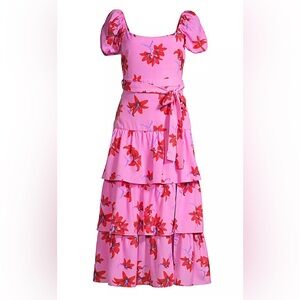 LIKELY Lottie Dress in Red and Pink Multi with puff sleeve